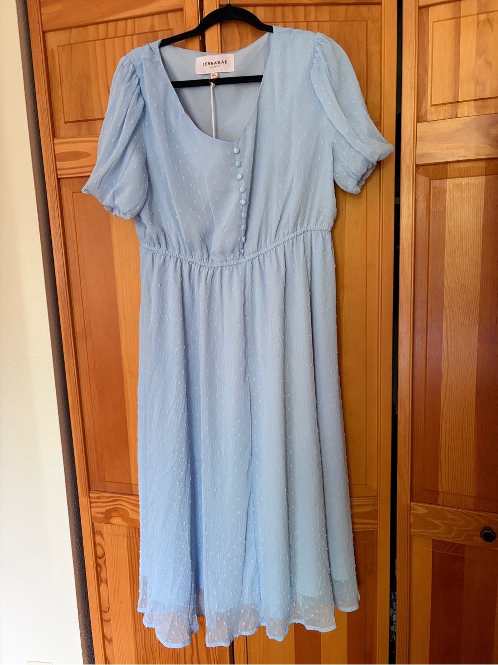 JessaKae Sky Blue Puff-Sleeve Midi Dress Size 3XL Polka Dots NWT - Picture 2 of 6